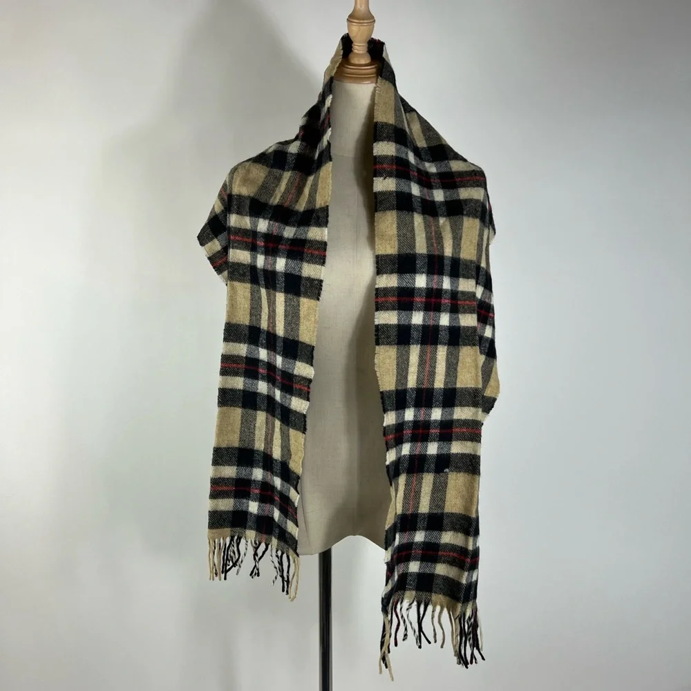 VINTAGE Foxford Made in Ireland Wool Plaid Scarf Tan Black